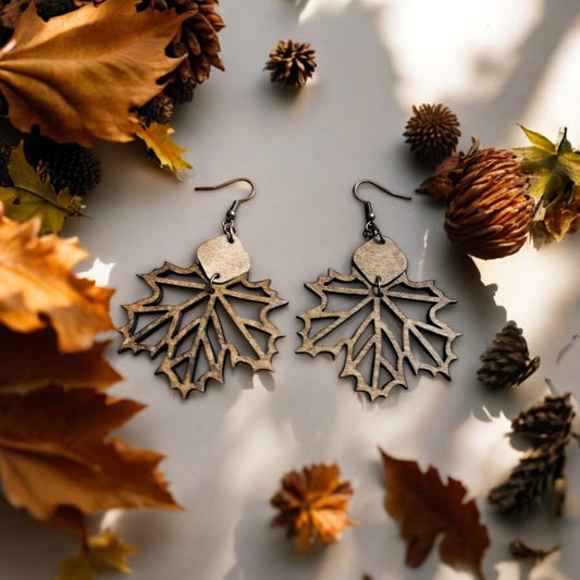 Maple Leaf Dangle Laser Cut Wood Earrings