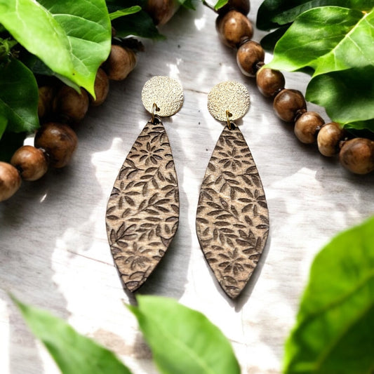 Floral Engraved Dangle Laser Cut Wood Earrings