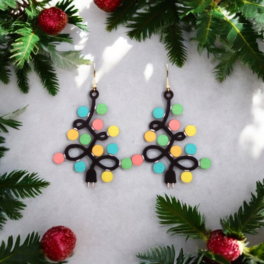 Christmas Tree Lights Dangle Laser Cut Wood Earrings