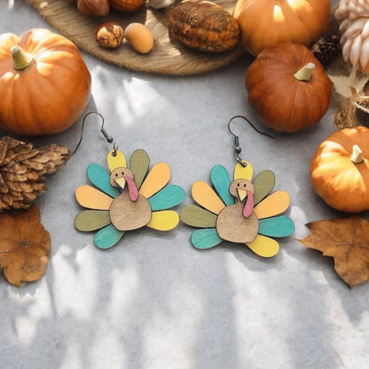 Thanksgiving Turkeys Dangle Laser Cut Wood Earrings