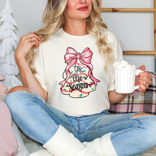 Tis The Season Tree Cake Coquette Bow Christmas Tee