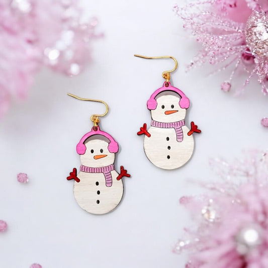 Snowman Pink Dangle Laser Cut Wood Earrings