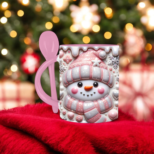 3D Puff Look Pink Snowman Christmas Mug with Spoon