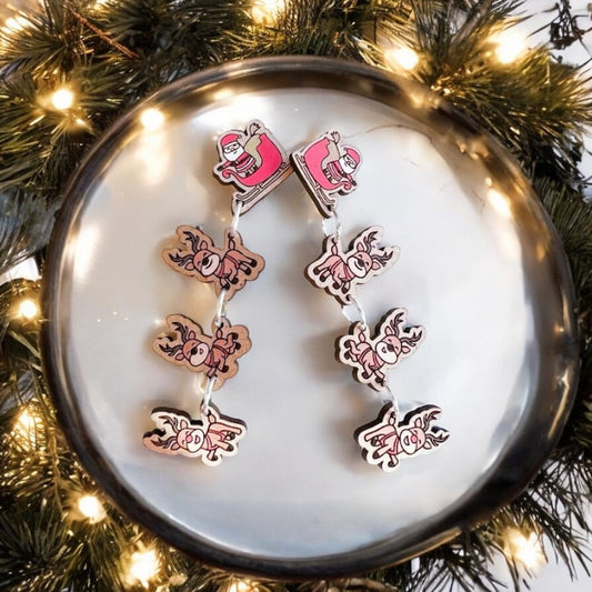 Santa’s Sleigh and His Reindeer Dangle Laser Cut Earrings