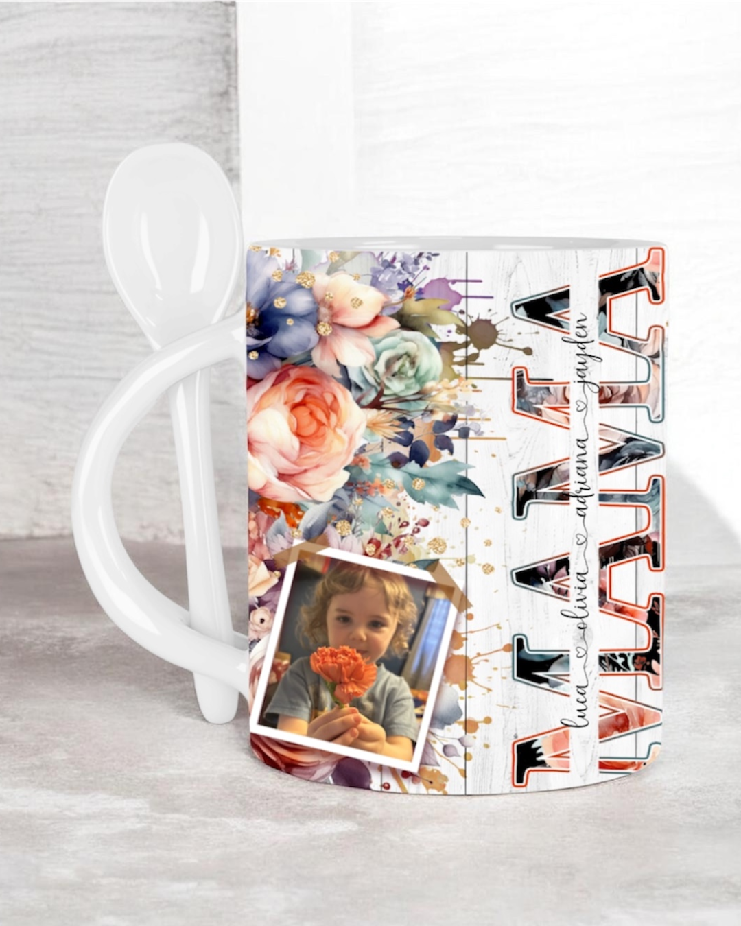 Blooming Floral Mama Personalized Mug with Spoon
