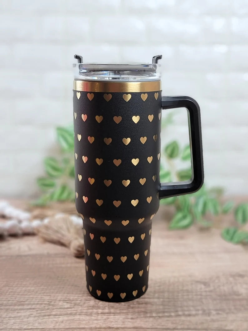 Black & Gold Plated Hearts Engraved 40oz Tumbler