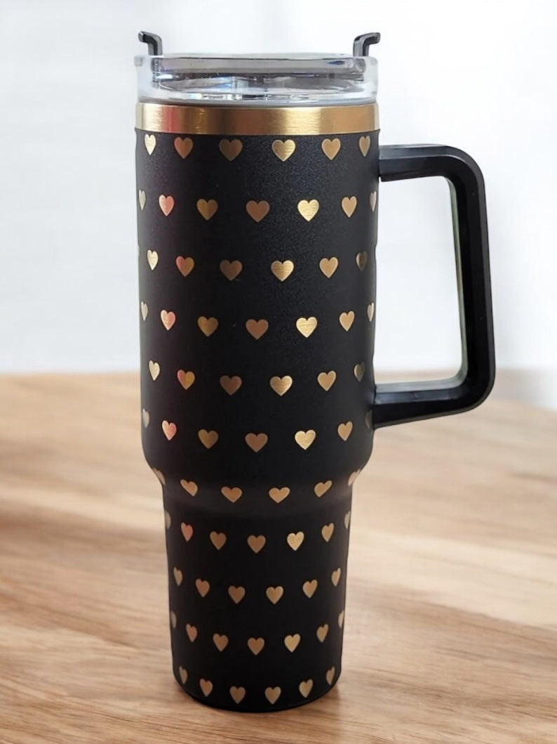 Black & Gold Plated Hearts Engraved 40oz Tumbler