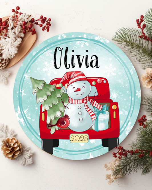 Personalized Christmas Ornament - Snowman In A Truck