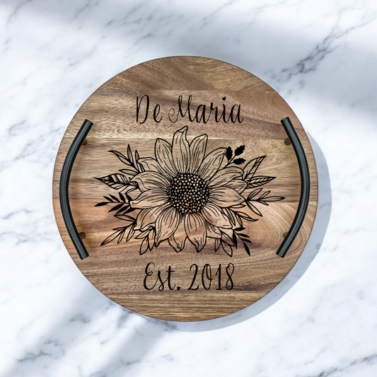 Custom Engraved Charcuterie Board with Sunflower