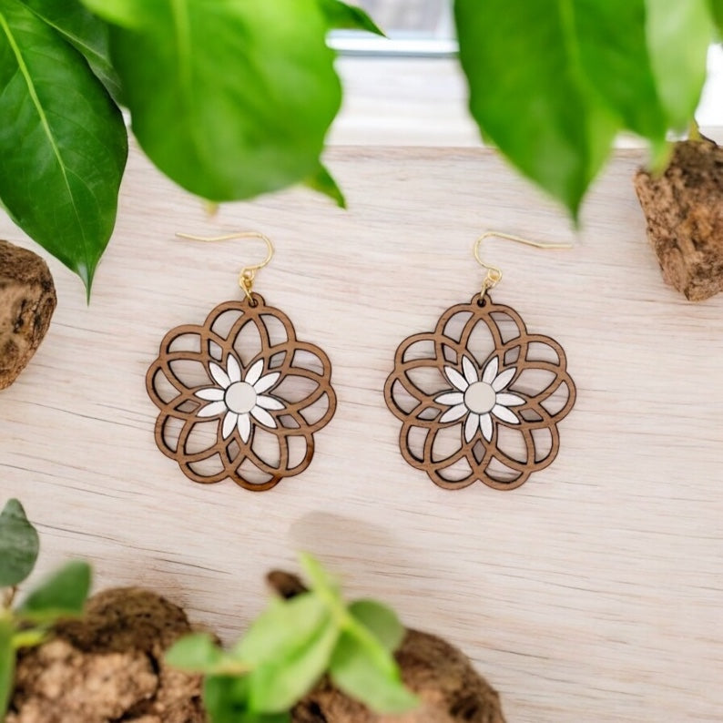 Abstract Floral Daisy Dangle Laser Cut Wood Earrings