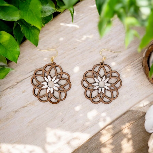 Abstract Floral Daisy Dangle Laser Cut Wood Earrings