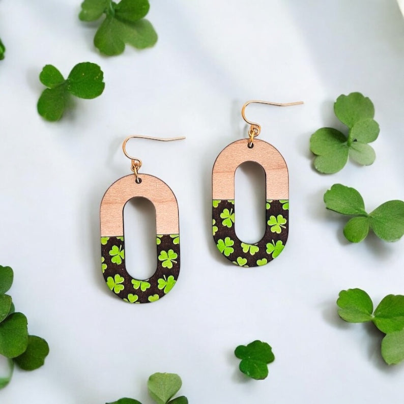 Wood + Shamrock Engraved Wood Earrings