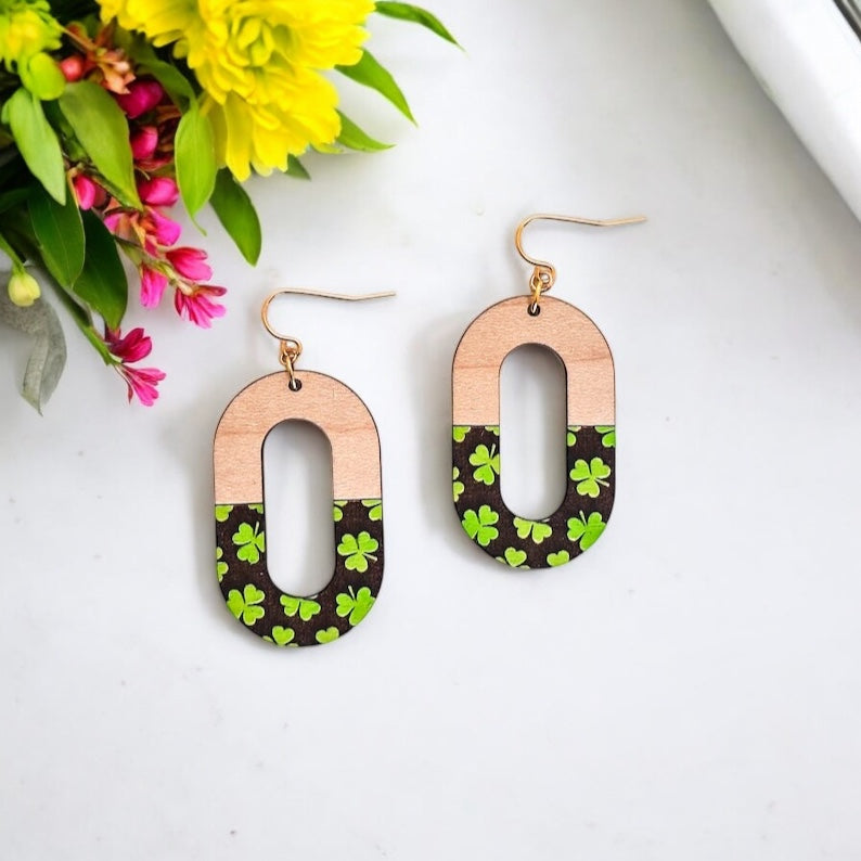 Wood + Shamrock Engraved Wood Earrings