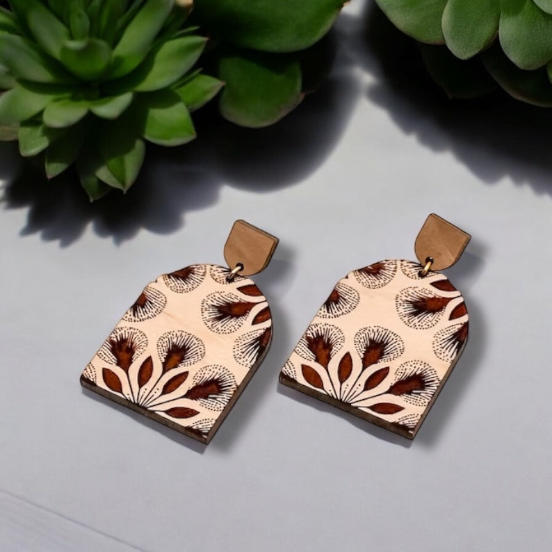 Floral Fan Engraved Wood Earrings