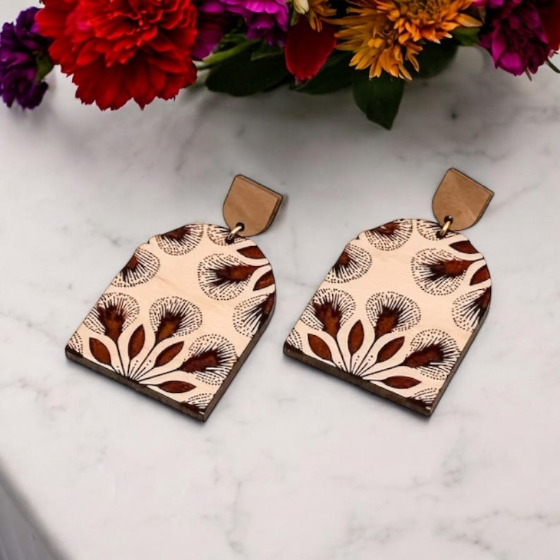 Floral Fan Engraved Wood Earrings