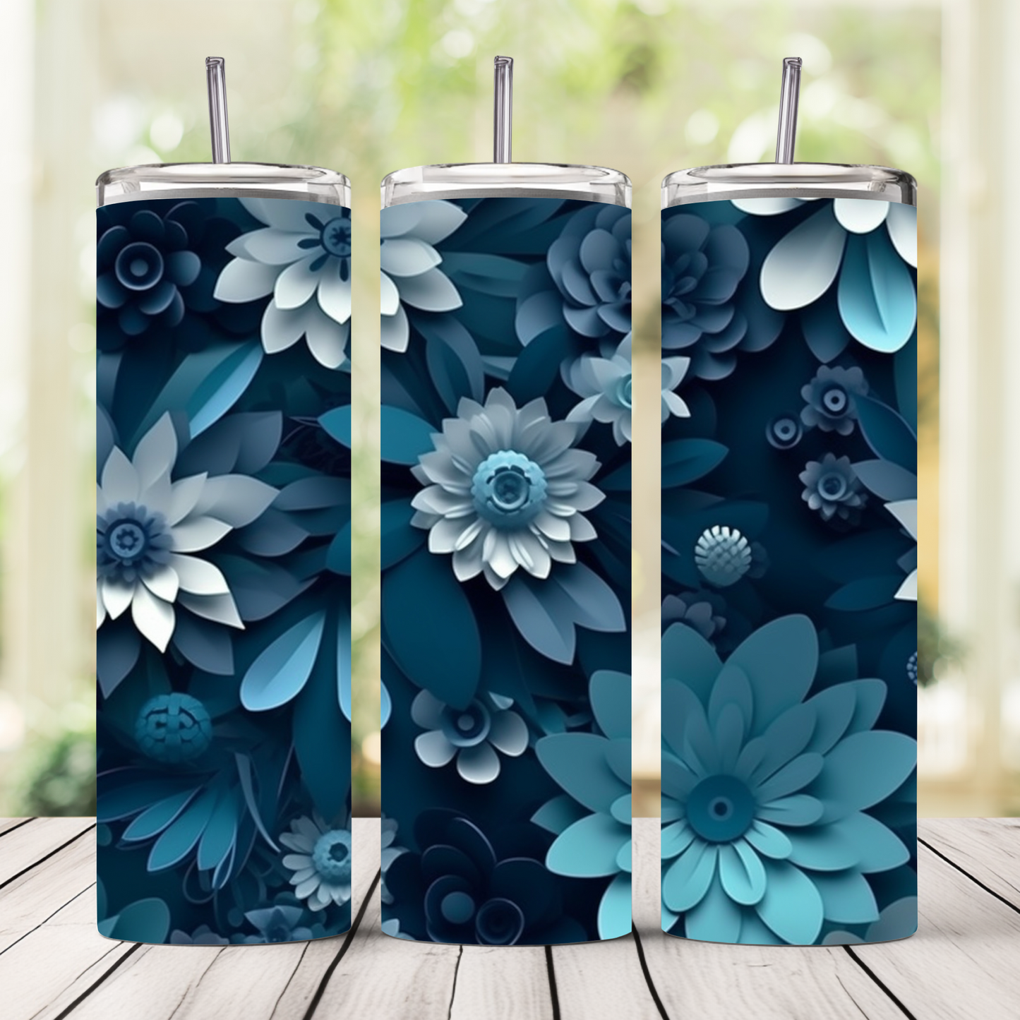 3D Blue Florals Tumbler - 20oz Stainless Steel