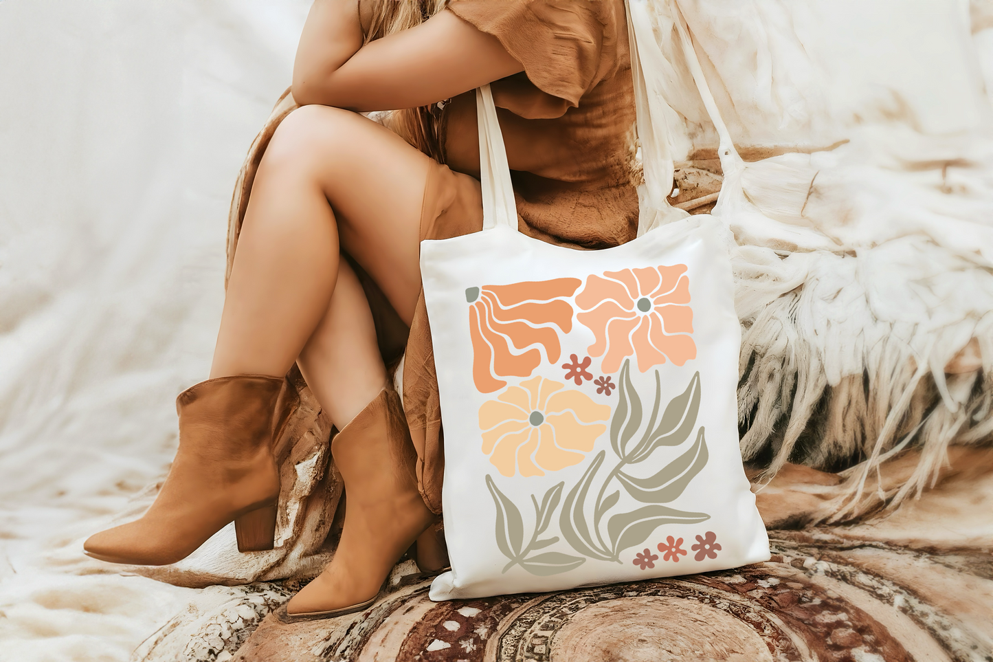 Wavy Boho Flower Tote Bag