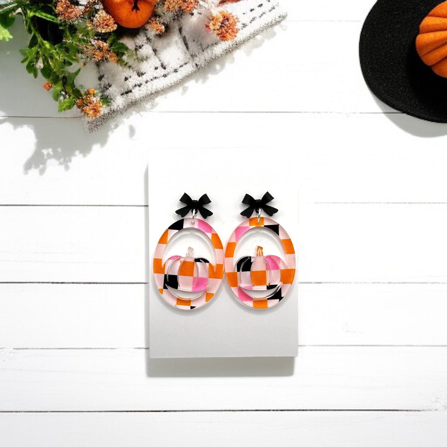 Checkered Pumpkin Hoops (Pink, Black, White, & Orange)