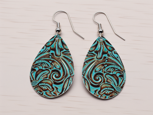 Teal Floral Embossed Look Earrings