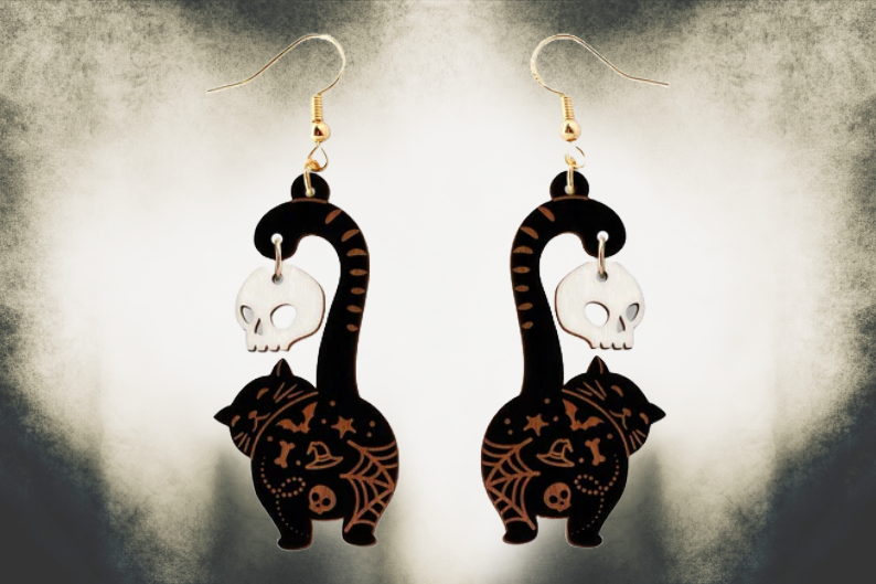 Halloween Cat Holding Skull Laser Cut Wood Earrings