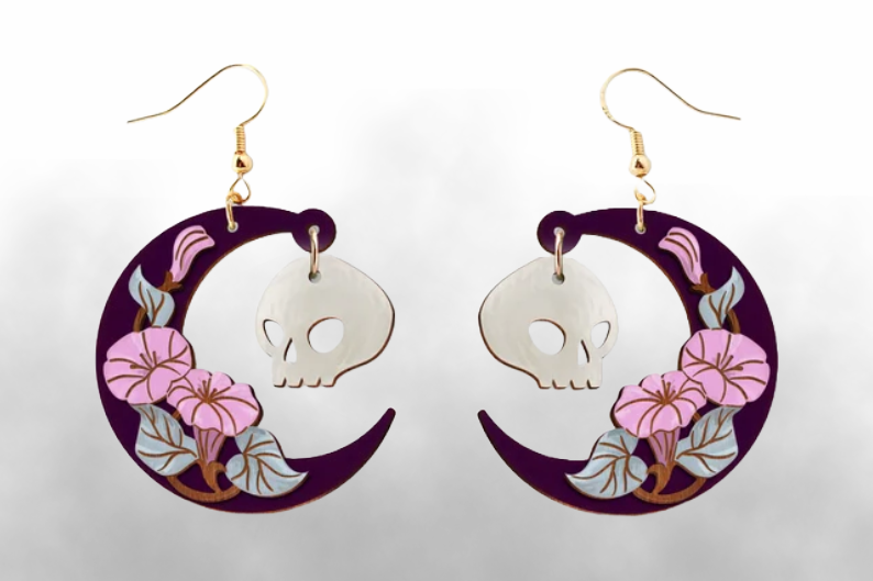 Spooky Floral Moon with Skull Charm Laser Cut Wood Earrings