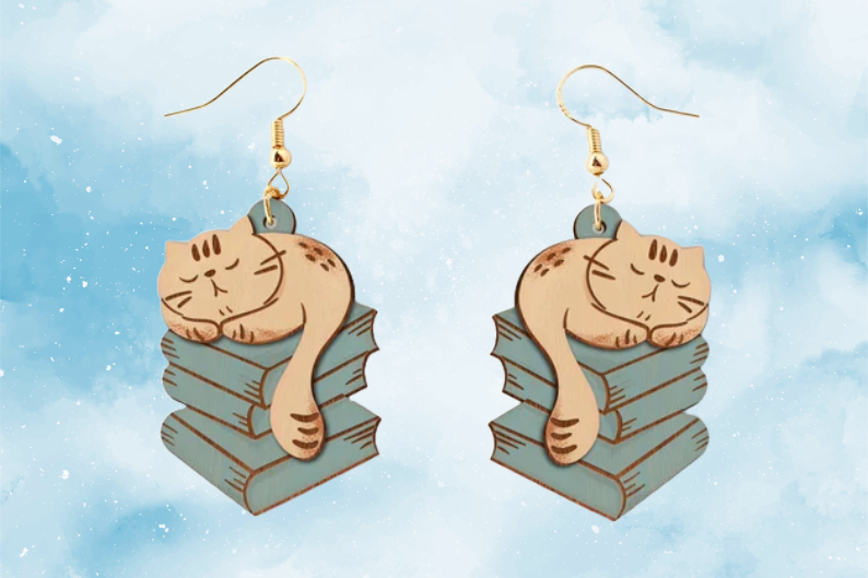 Sleeping Kitty on Books Laser Cut Wood Earrings