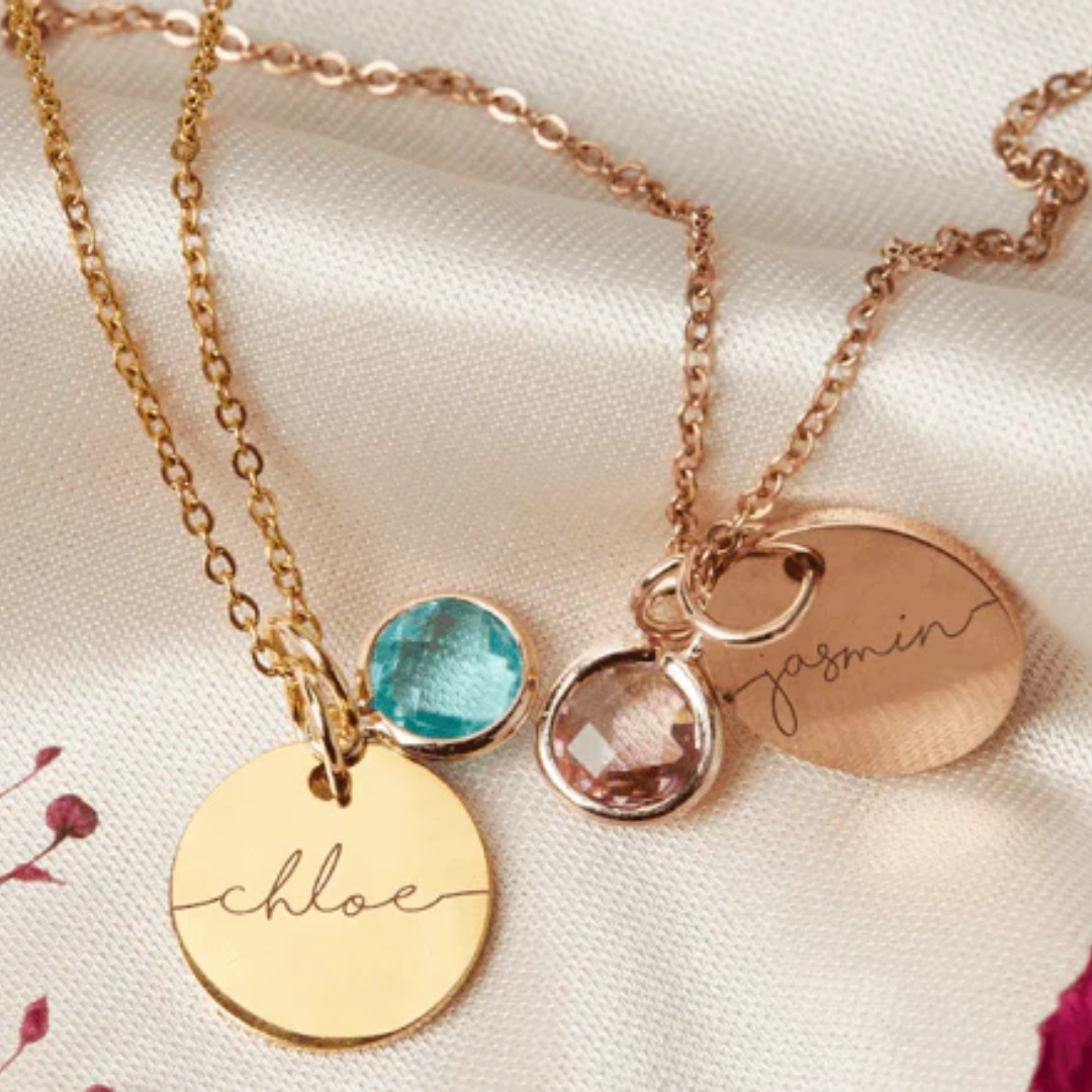 Birthstone Pendant Engraved Name Necklace