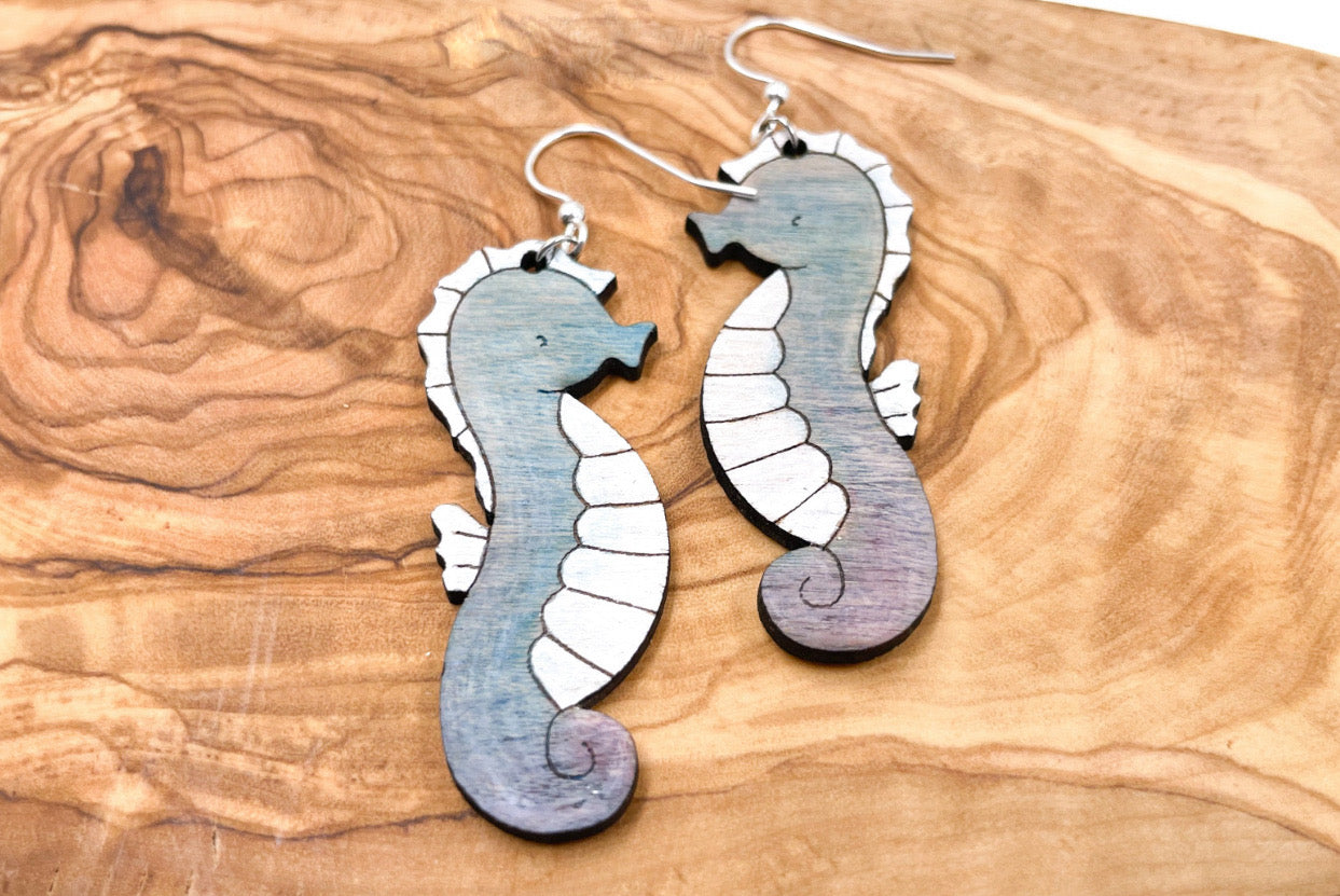 Seahorse Laser Cut Wood Earrings