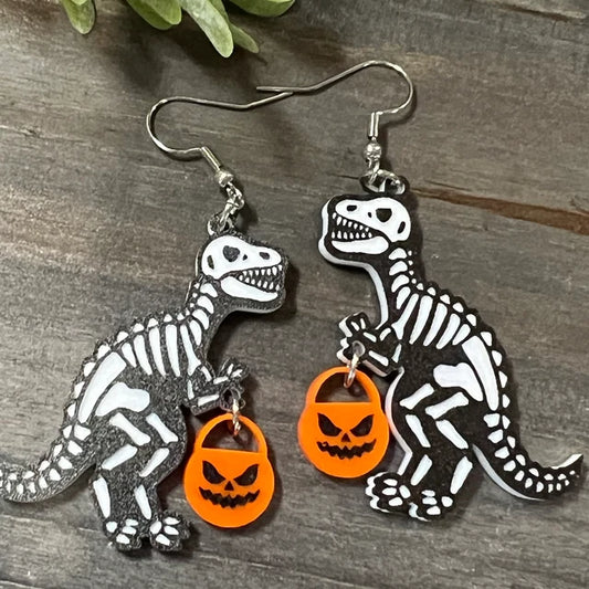 Trick-or-Treating Dino Laser Cut Wood Earrings