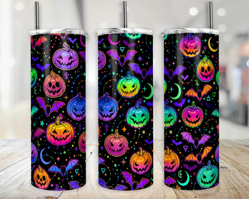 Neon Pumpkins Halloween Tumbler - 20oz Stainless Steel