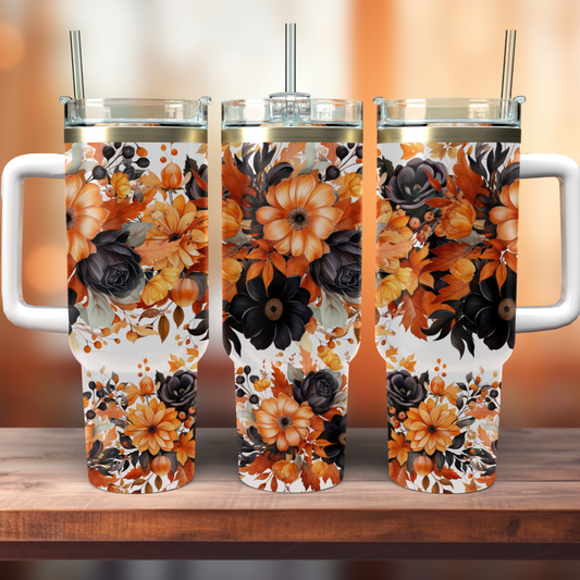 Fall Florals Black & Orange - 40oz Stainless Steel Tumbler