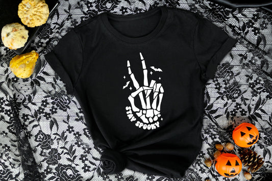 Adult Stay Spooky Skeleton Peace Sign T-Shirt